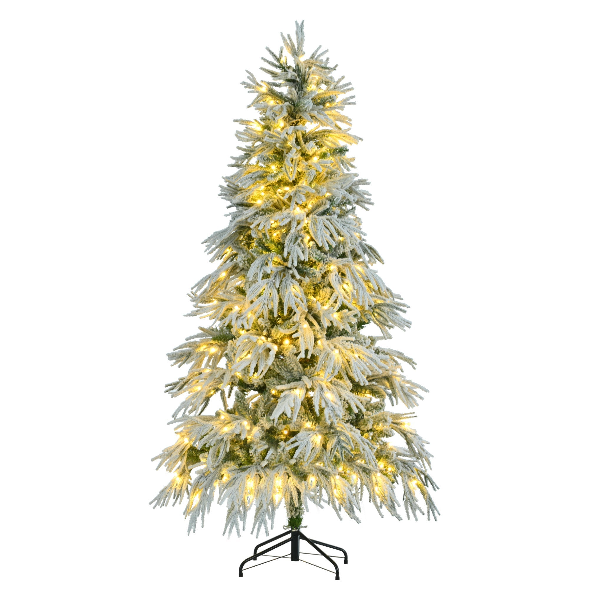 6FT Pre-Lit Spruce Snow Flocked Christmas Tree, Artificial Hinged Xmas Tree with 300 Multi-Color LED Lights