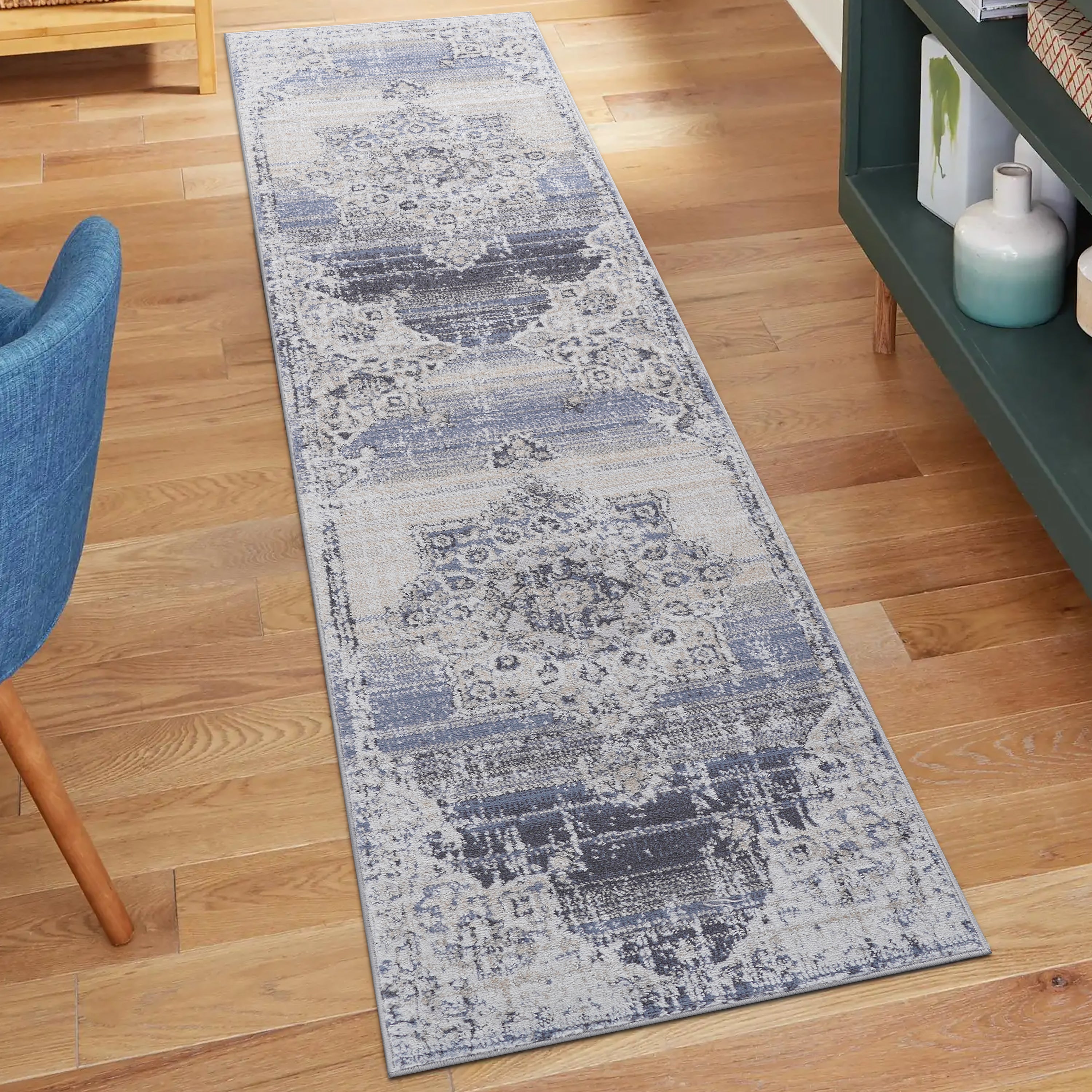 2X8 Cream/Blue /Medallion Non-Shedding and Stain Resistant Area Rug