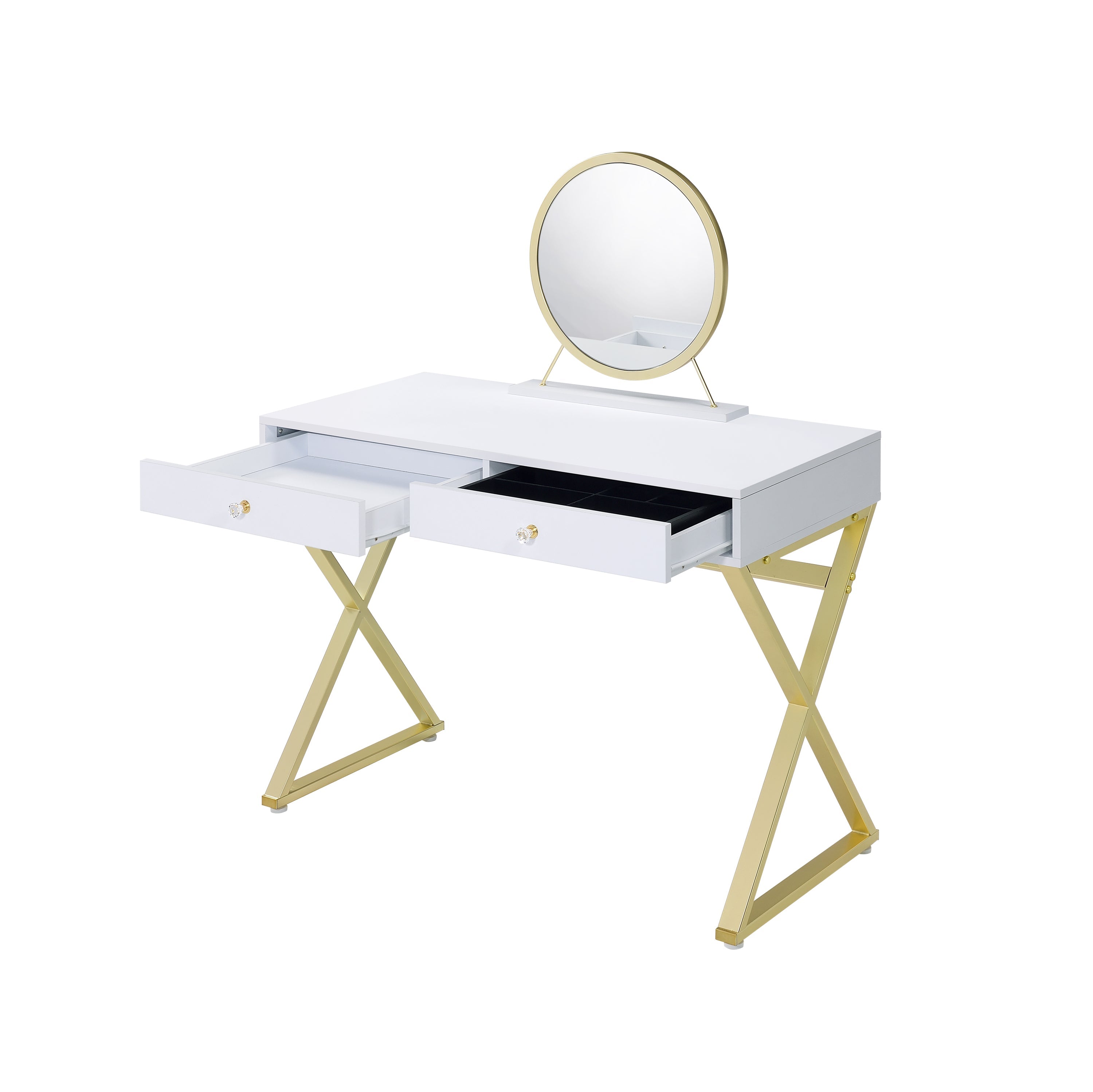 Coleen Vanity Desk w/Mirror & Jewelry Tray in White & Gold Finish