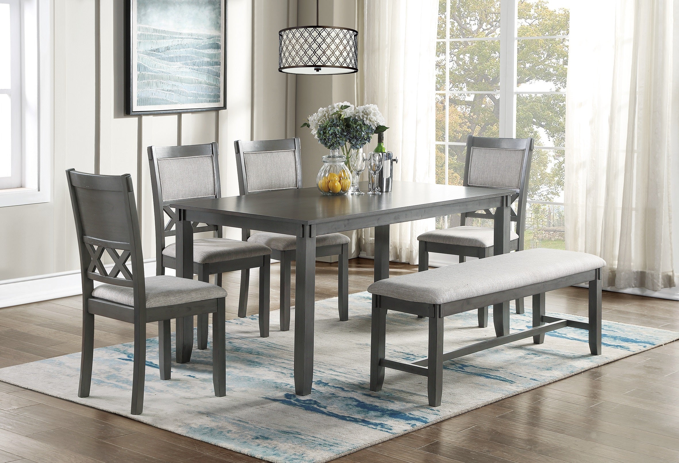 Gray Color Dining Room  6pc Set -Dining Table 4 Side Chairs and A Bench