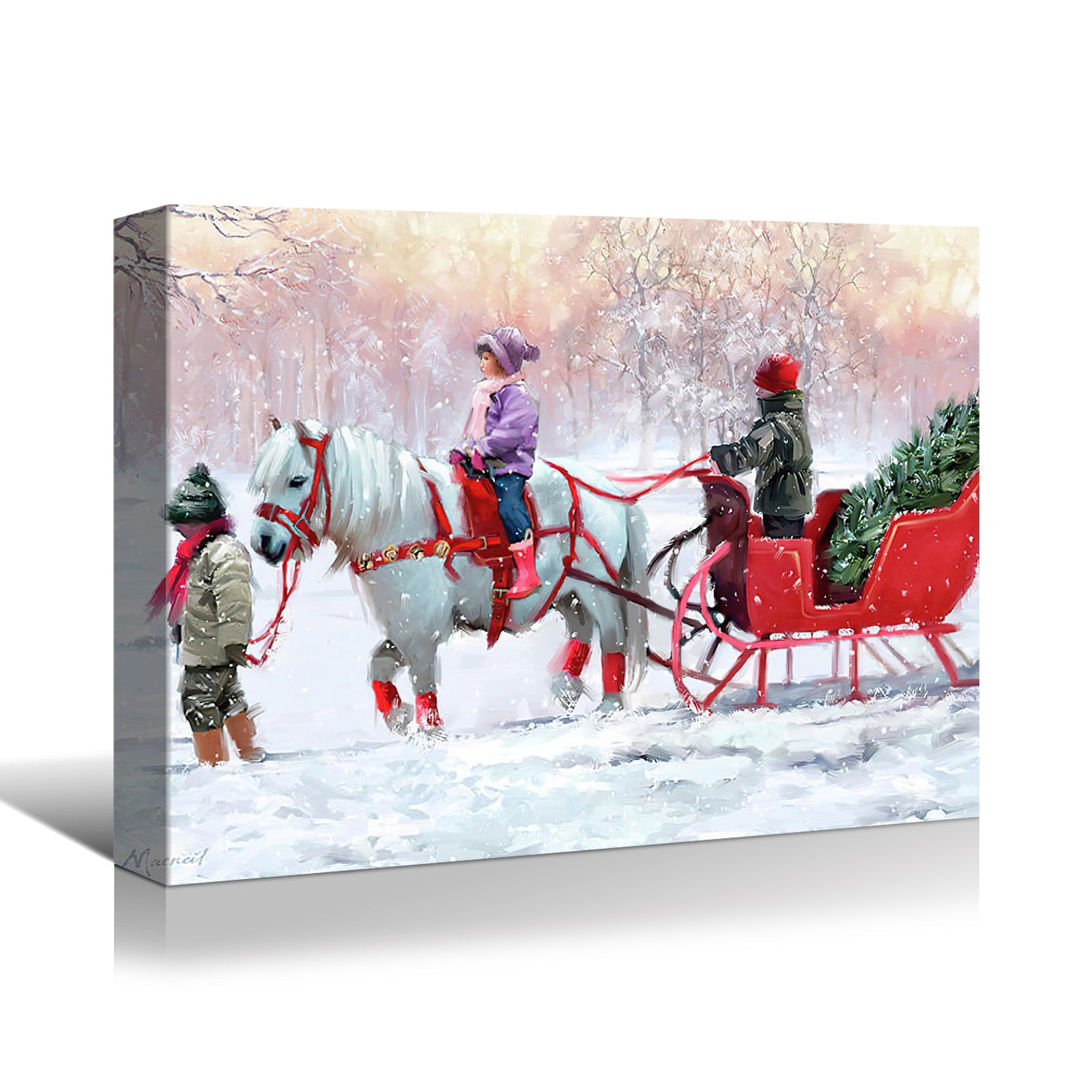 Framed Canvas Wall Art  Kids on White Horse and  Sled