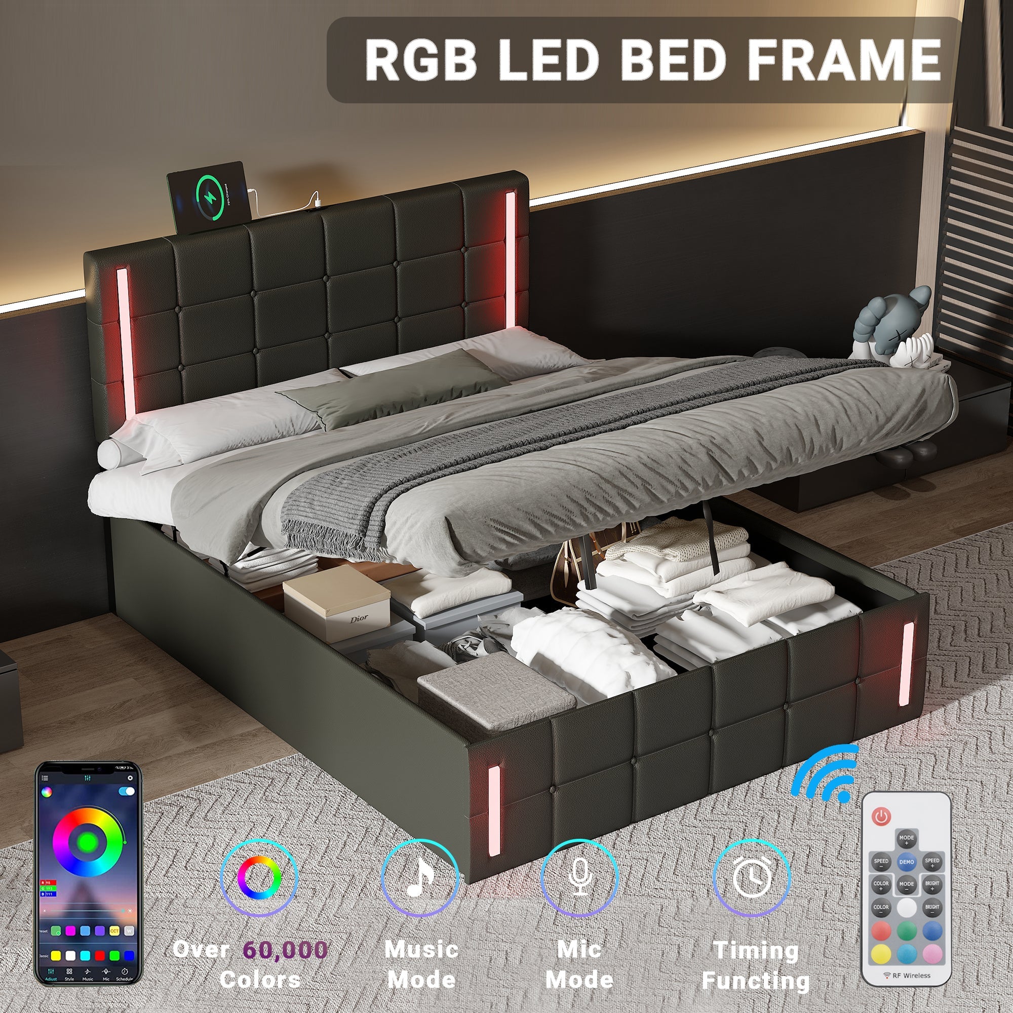 Full Size Upholstered Bed with LED Lights,Hydraulic Storage System and USB Charging Station,Black