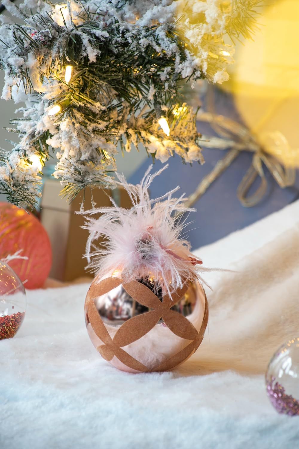 Clear with Pink  Christmas Ball Ornaments, Set of 4