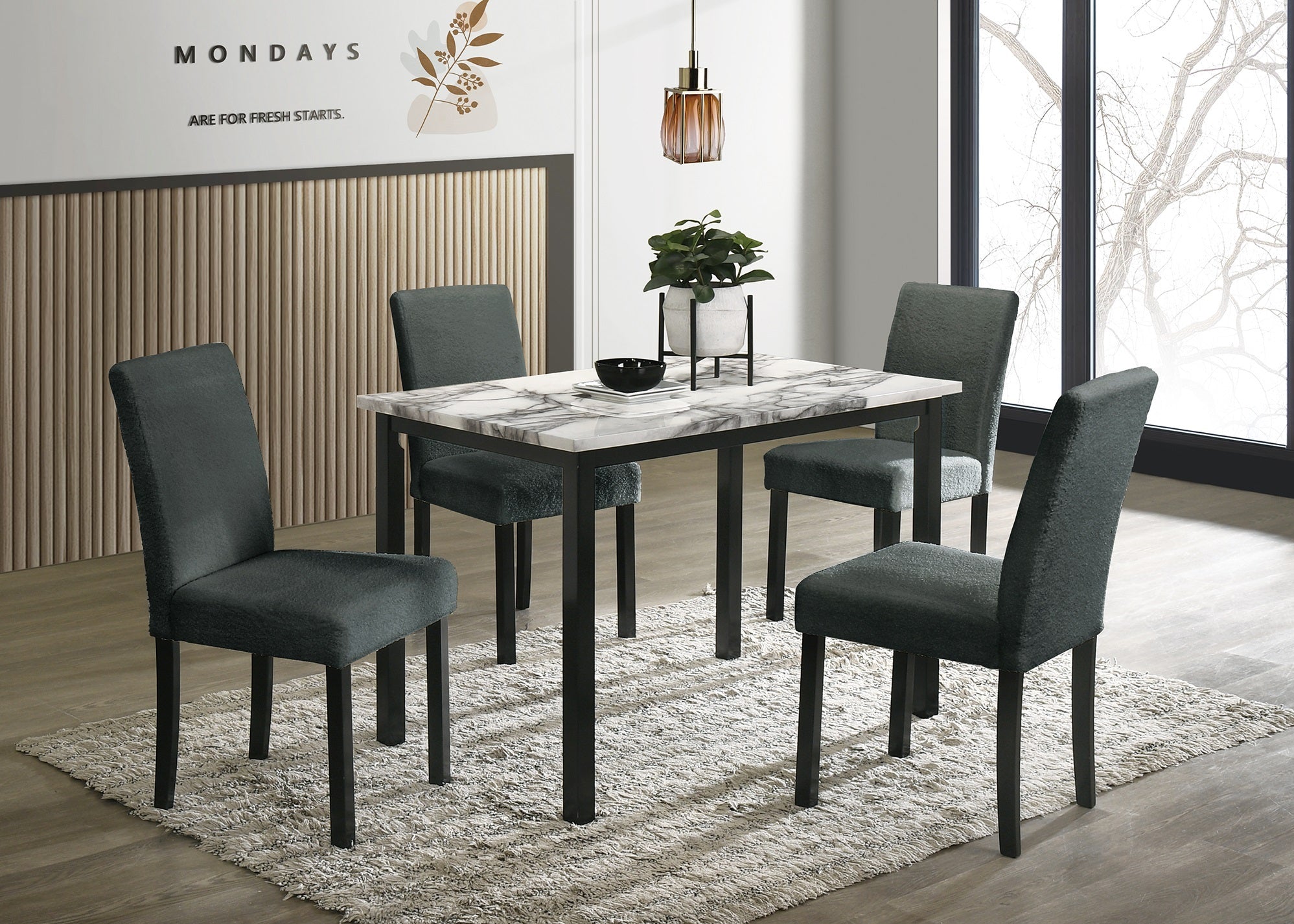 5pc Dining Set-Charcoal Finish Wool Fabric Chairs and  Faux Marble Top Table