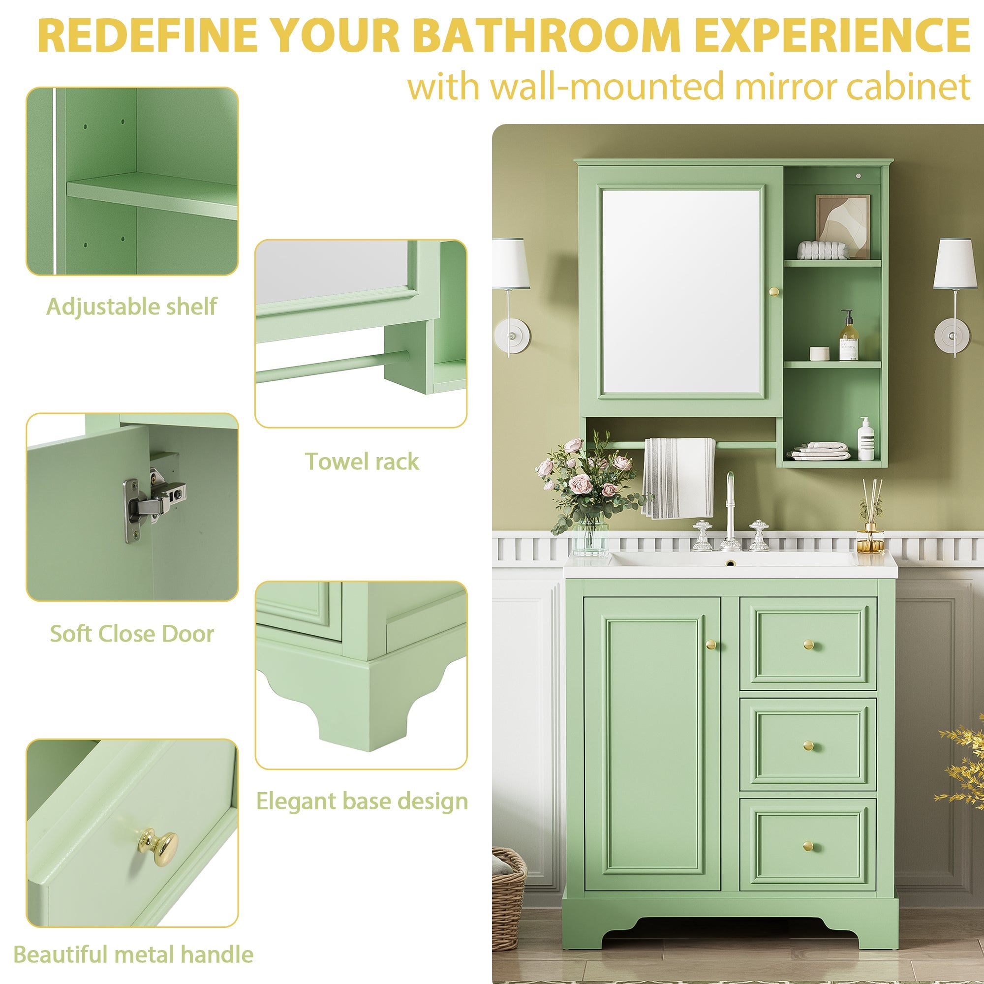 30-inch bathroom vanity with sink, 3 drawers and adjustable shelves, freestanding with mirror cabinet, single sink