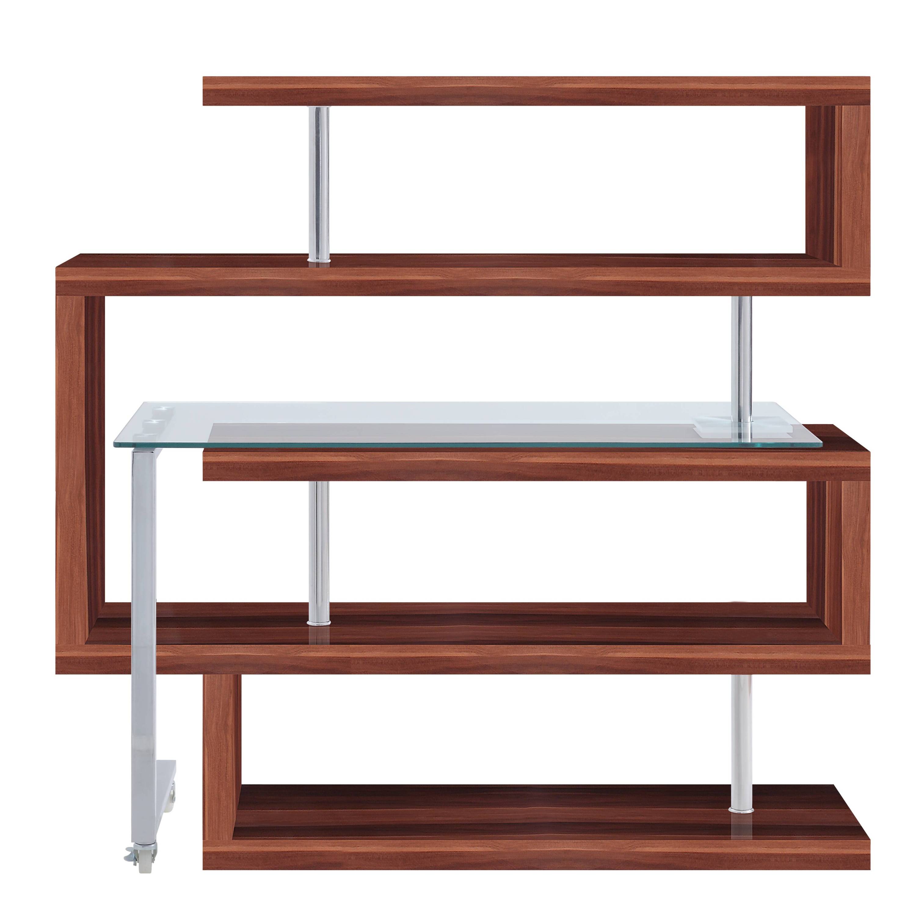 Buck II Clear Glass, Chrome High Gloss Finish Writing Desk with Shelf-Walnut