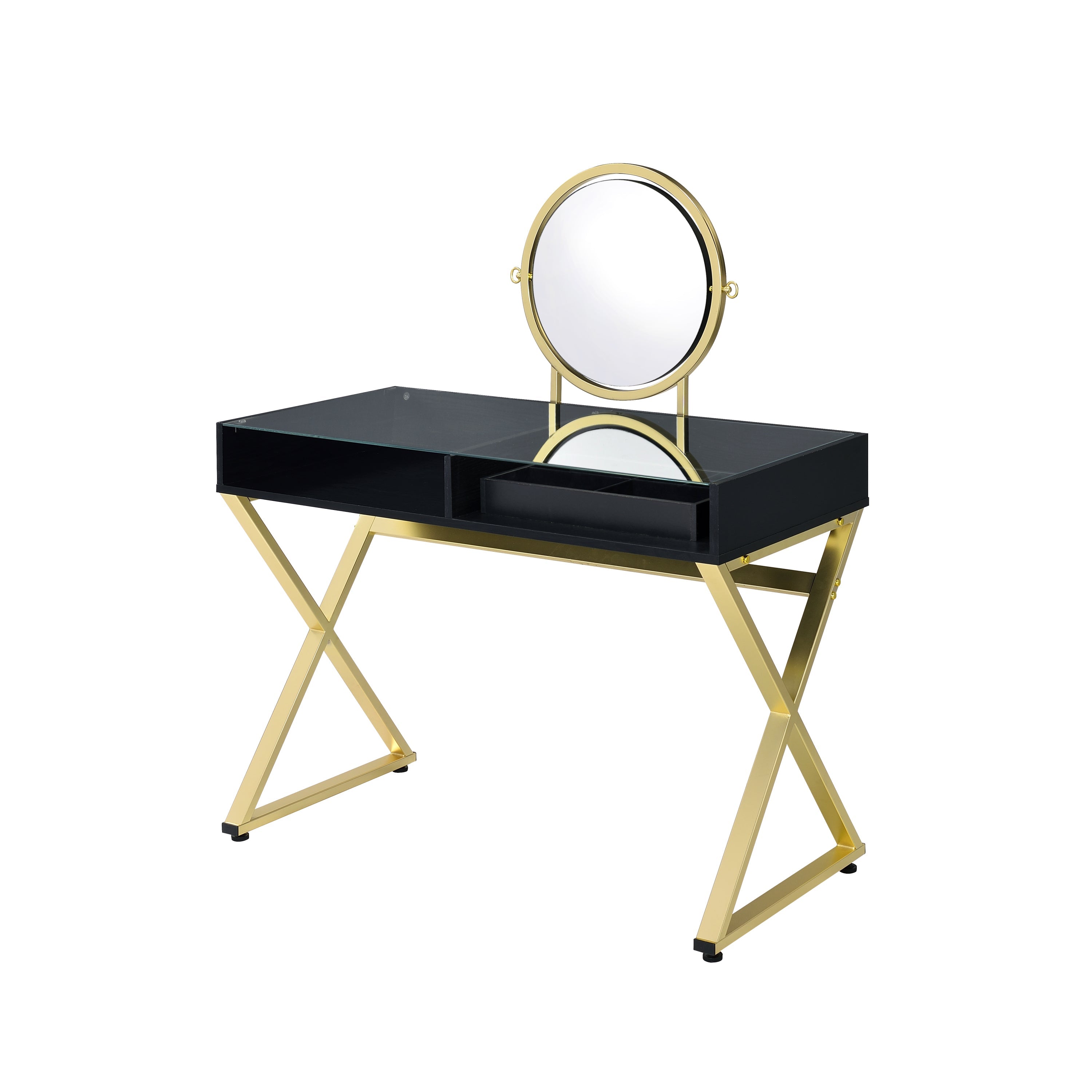 Coleen Vanity Desk w/Mirror & Jewelry Tray in Black & Gold Finish