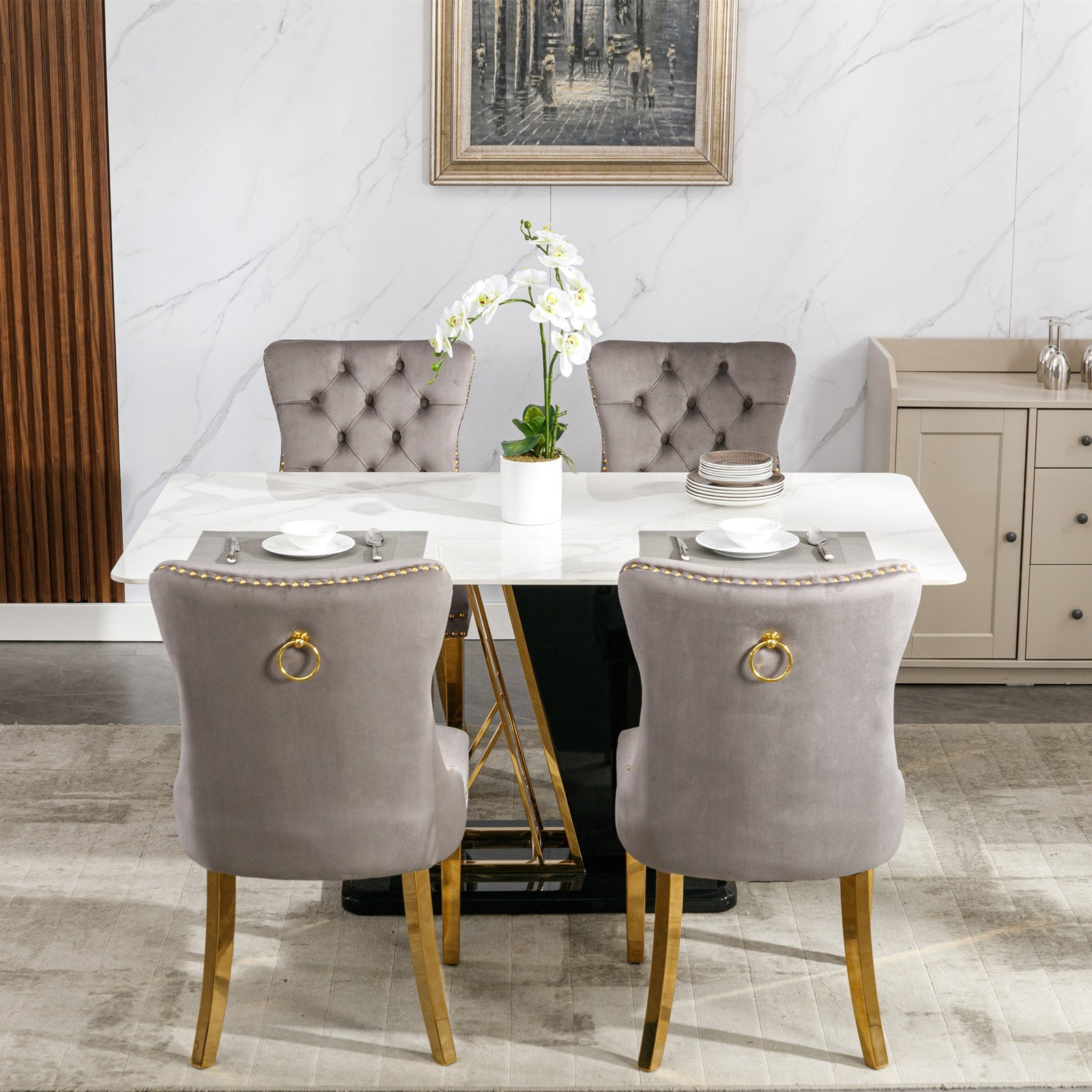 Tufted Solid Wood Contemporary Velvet Upholstered Dining Chair, Set of 2, Gray and Gold