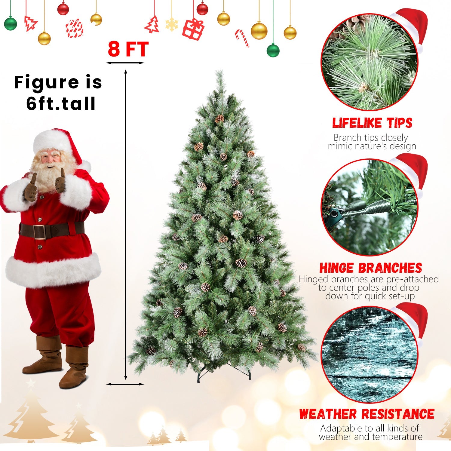 8FT Scotch Pine Christmas Tree, Premium Frosted Pre-Decorated Artificial Holiday Decor w/ 1,858 Branch Tips