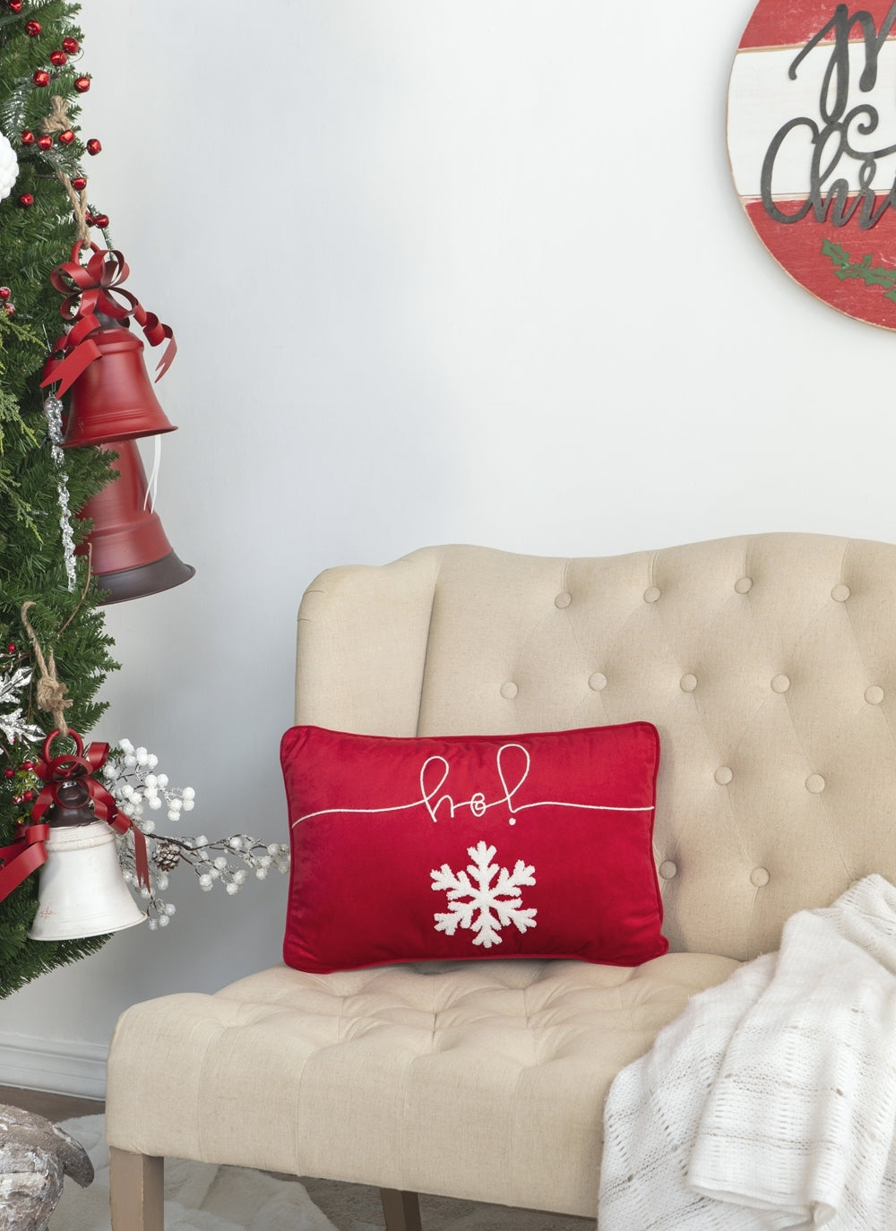 Red Velvet Pillow With Embroidered Joy And Frosty Snowflake, Set of 2, 18x12"