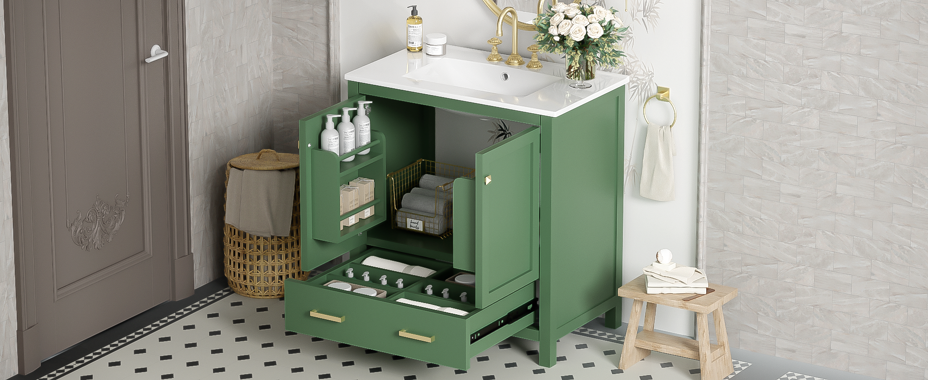 30" Green Bathroom Vanity with Single Sink, Storage Cabinet with 2 Doors and a Drawer, Soft Closure